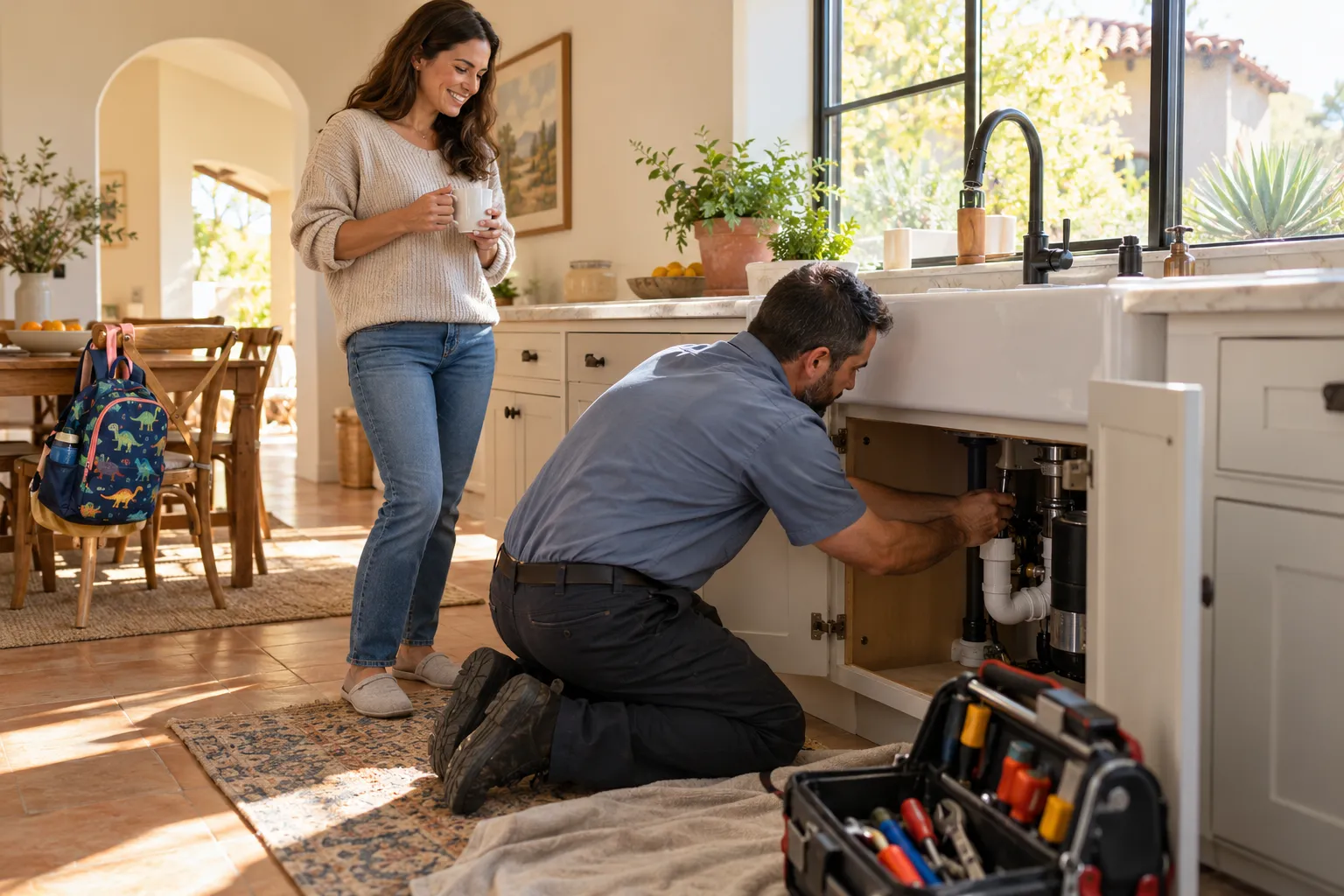 A homeowner talking with a local plumbing provider beside a kitchen sink in Los Angeles